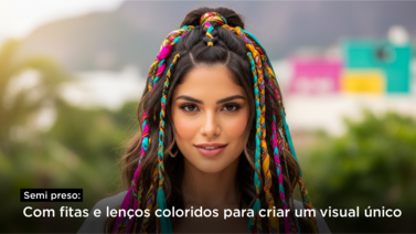 Modelo com cabelo semi-preso e fitas coloridas
