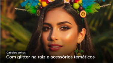 Modelo com glitter e acessórios vibrantes na cabeça