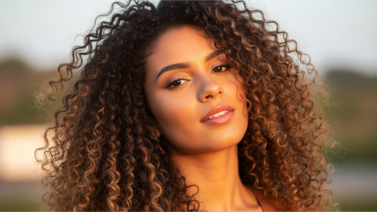 Mulher com cabelo cacheado em ambiente natural