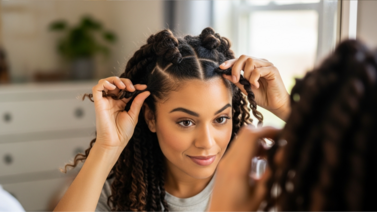 Mulher com cabelo cacheado faz penteado em frente ao espelho