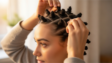 Mulher desfazendo cabelos em modelagem com coque bantu