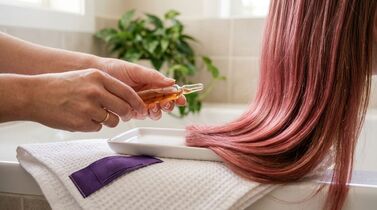 Aplicação de óleo em cabelo rosa em ambiente de banheiro