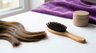 Escova de cabelo sobre mesa com mechas de cabelo