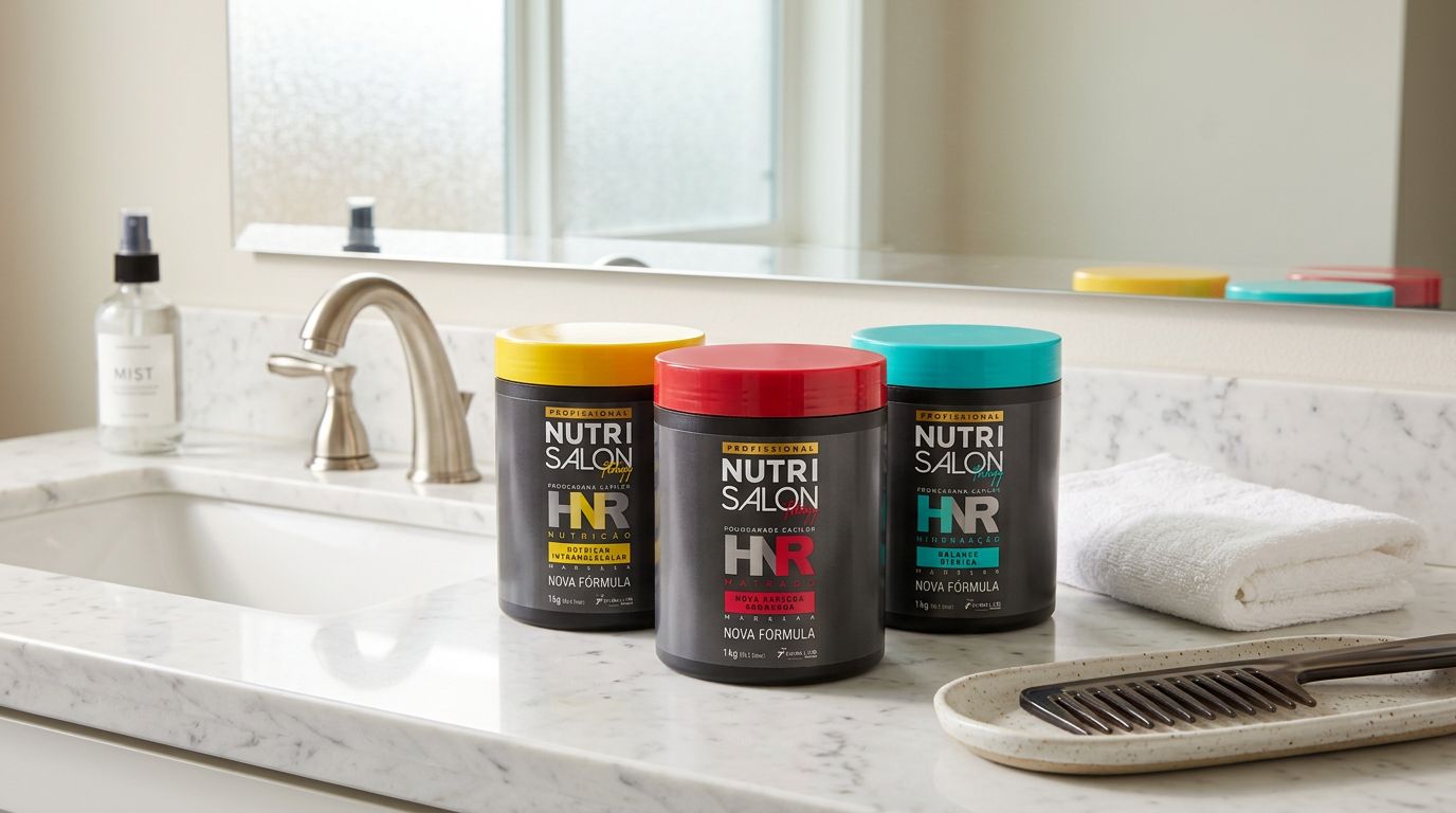 Frascos de produtos Nutri Salon em banheiro moderno.