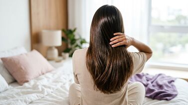 Mulher com cabelo longo em quarto iluminado