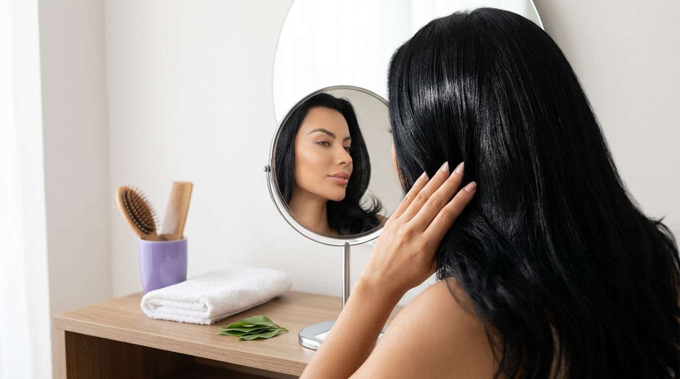 Mulher se olhando no espelho em um ambiente leve