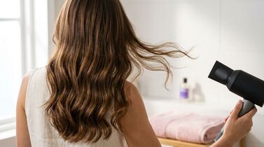 Mulher secando cabelo com secador de cabelo