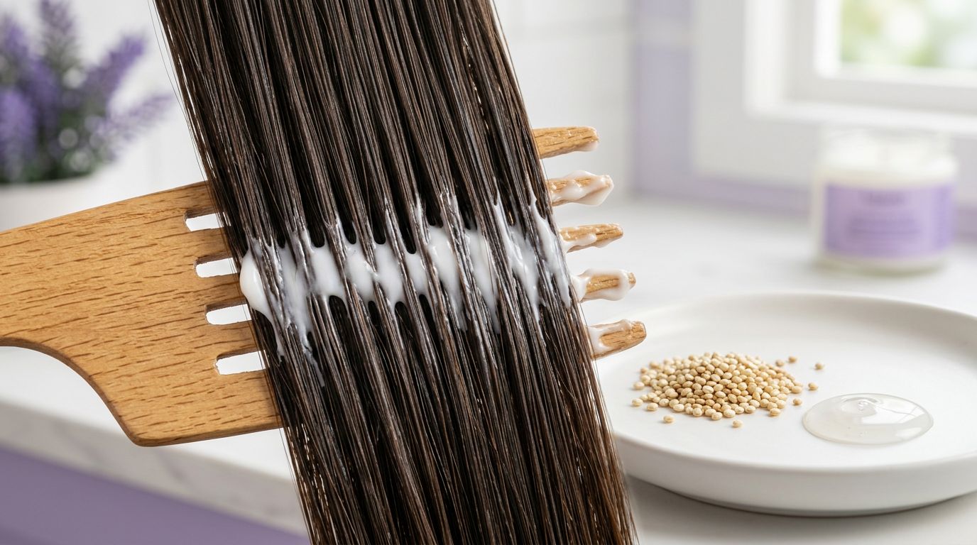 Pente com cabelo e produto de tratamento capilar
