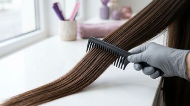 Penteando cabelo liso com luva de proteção.