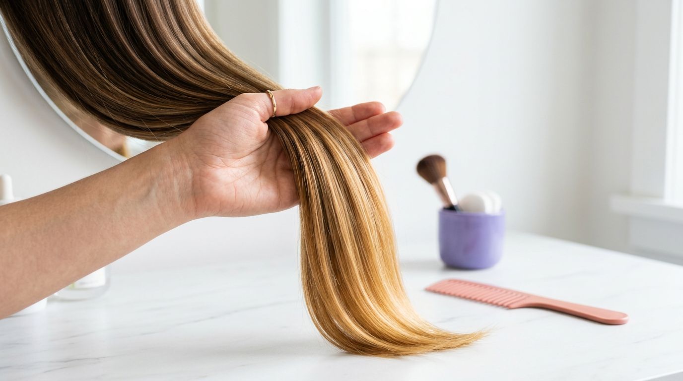 Pessoa segurando cabelo longo e liso
