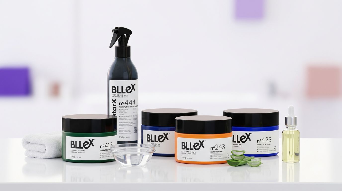 Linha de produtos de beleza Bllex sobre mesa branca