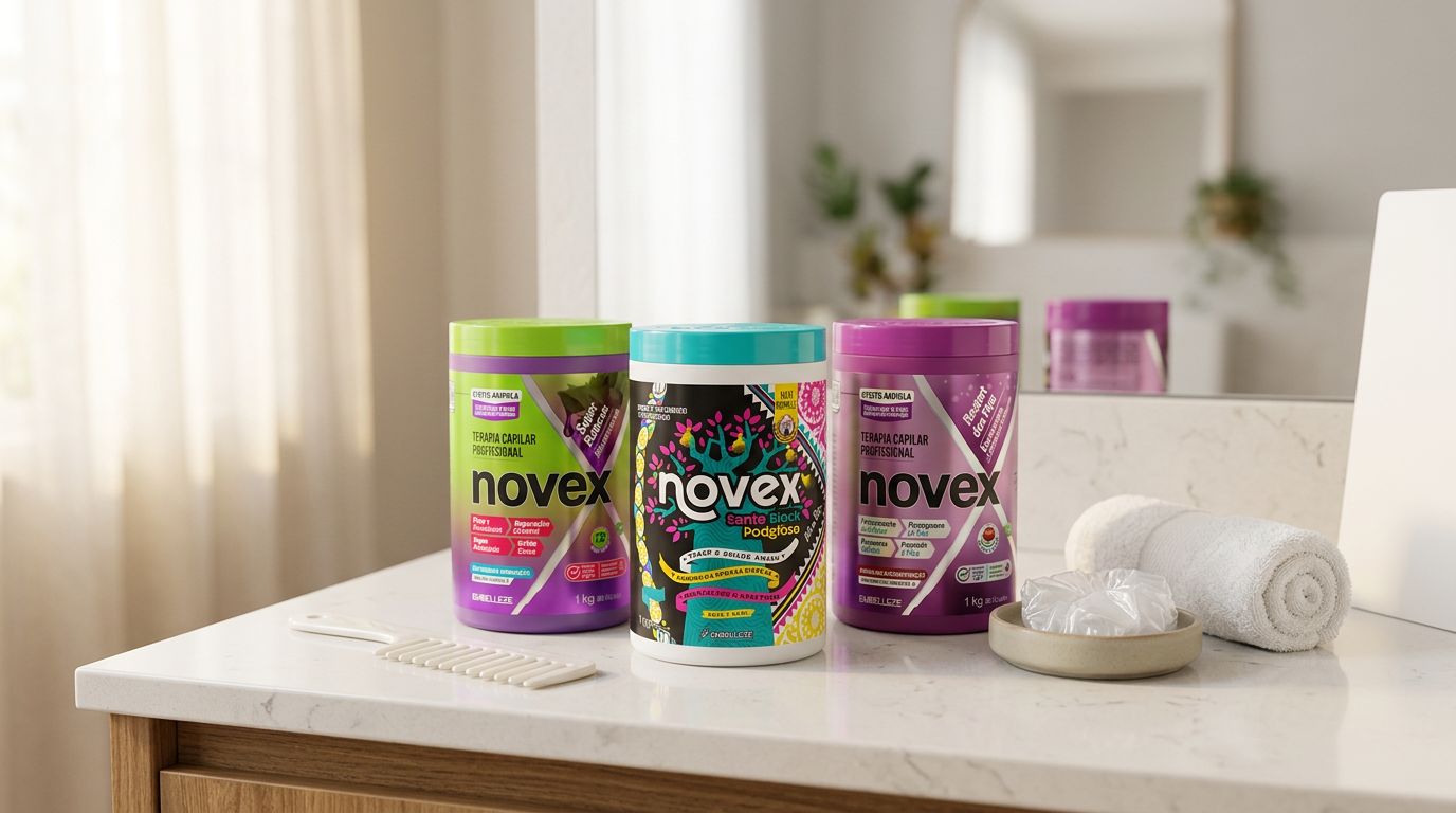 Produtos Novex para cabelo em banheiro moderno