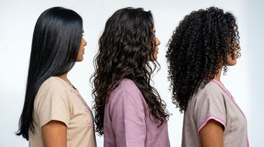 Três mulheres com diferentes tipos de cabelo