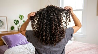 Mulher com cabelo cacheado em ambiente de quarto