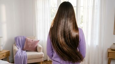 Mulher com cabelo longo em ambiente acolhedor.